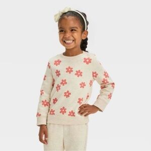 Cat & Jack Toddler Girl 2T Beige Pink Daisy Floral Fleece Pullover‎ Sweatshirt